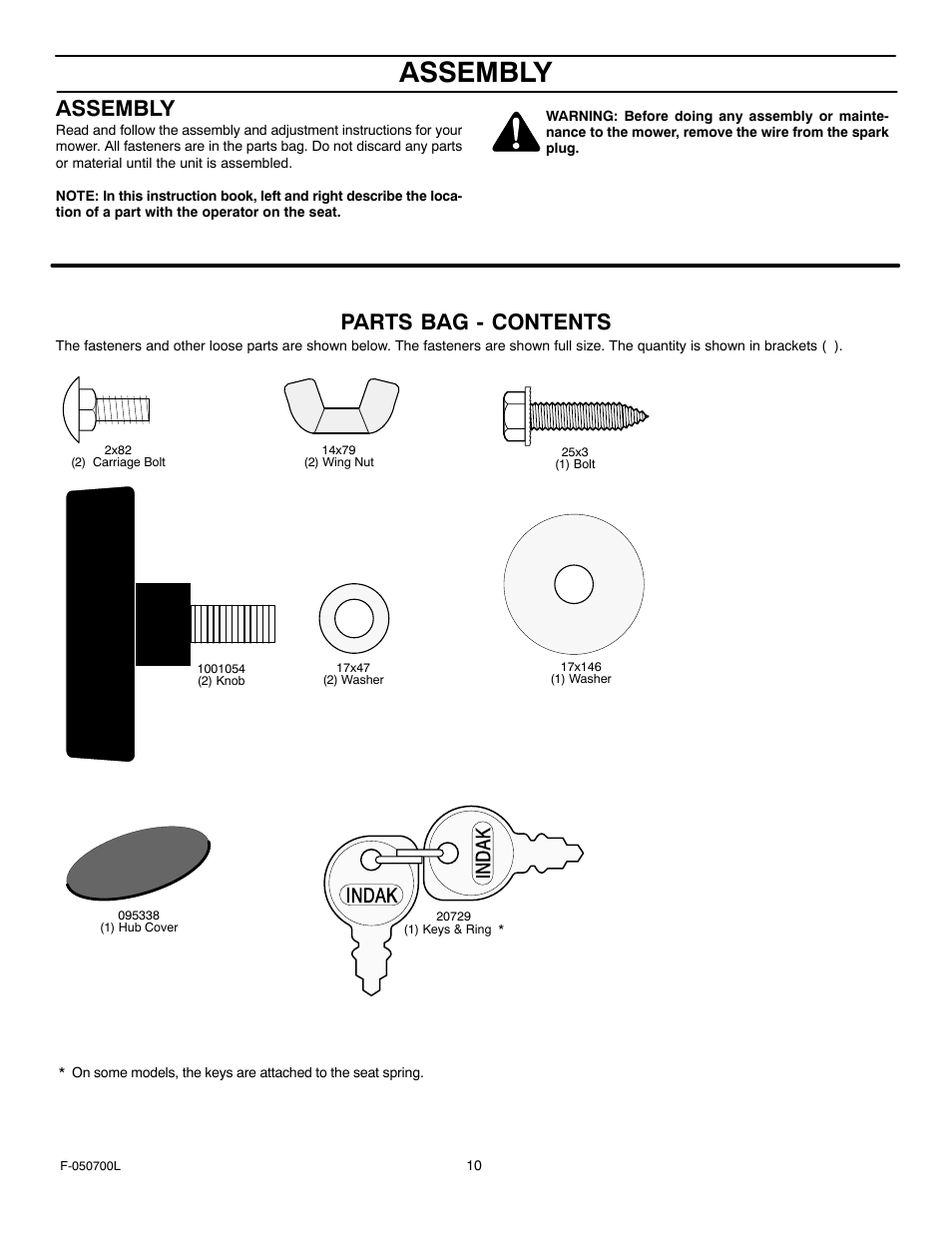 Assembly, Parts bag - contents | Murray 405000x8E User Manual | Page 10 / 52