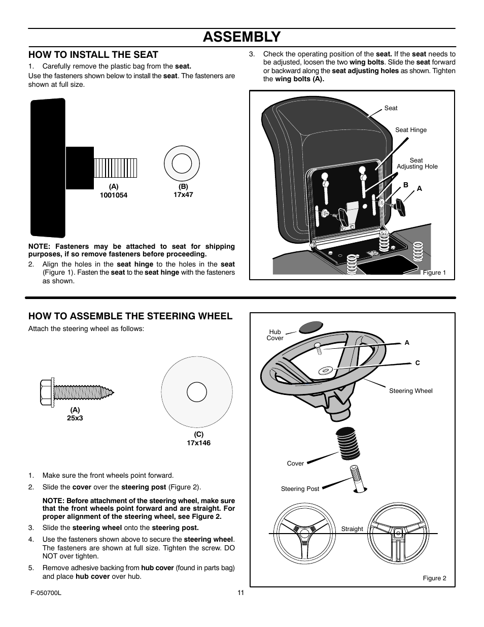 Assembly, How to install the seat, How to assemble the steering wheel | Murray 405000x8E User Manual | Page 11 / 52
