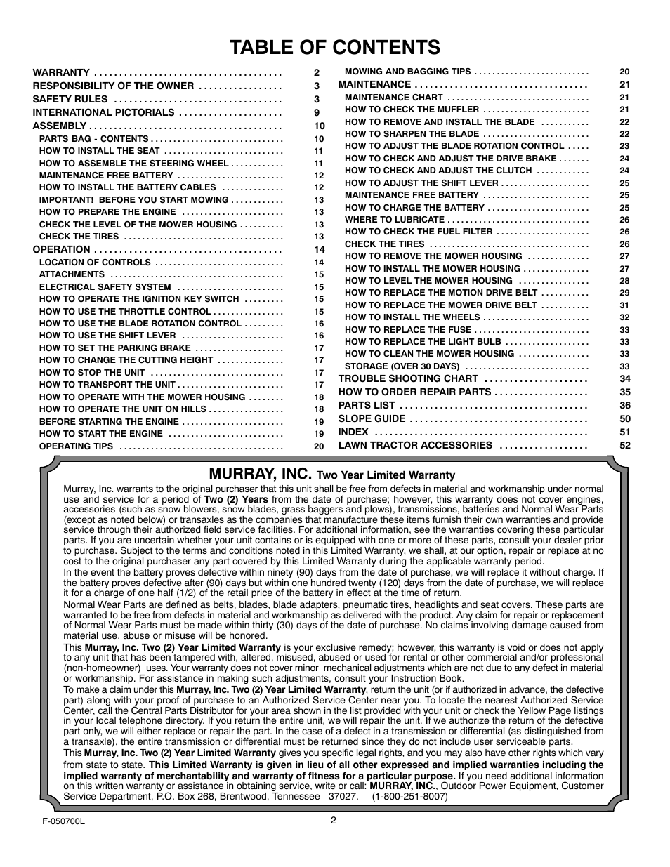 Murray 405000x8E User Manual | Page 2 / 52