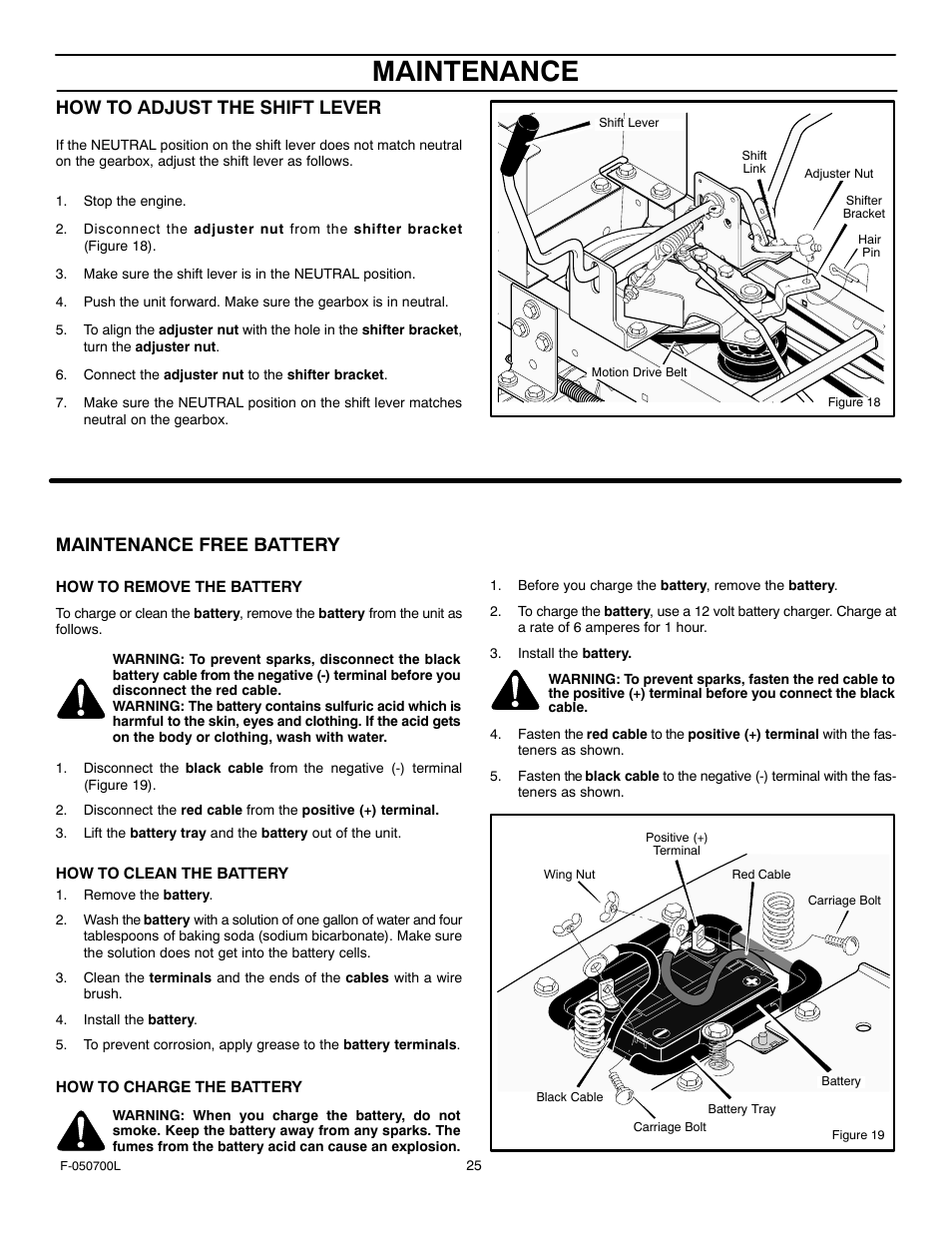 Maintenance, How to adjust the shift lever, Maintenance free battery | Murray 405000x8E User Manual | Page 25 / 52