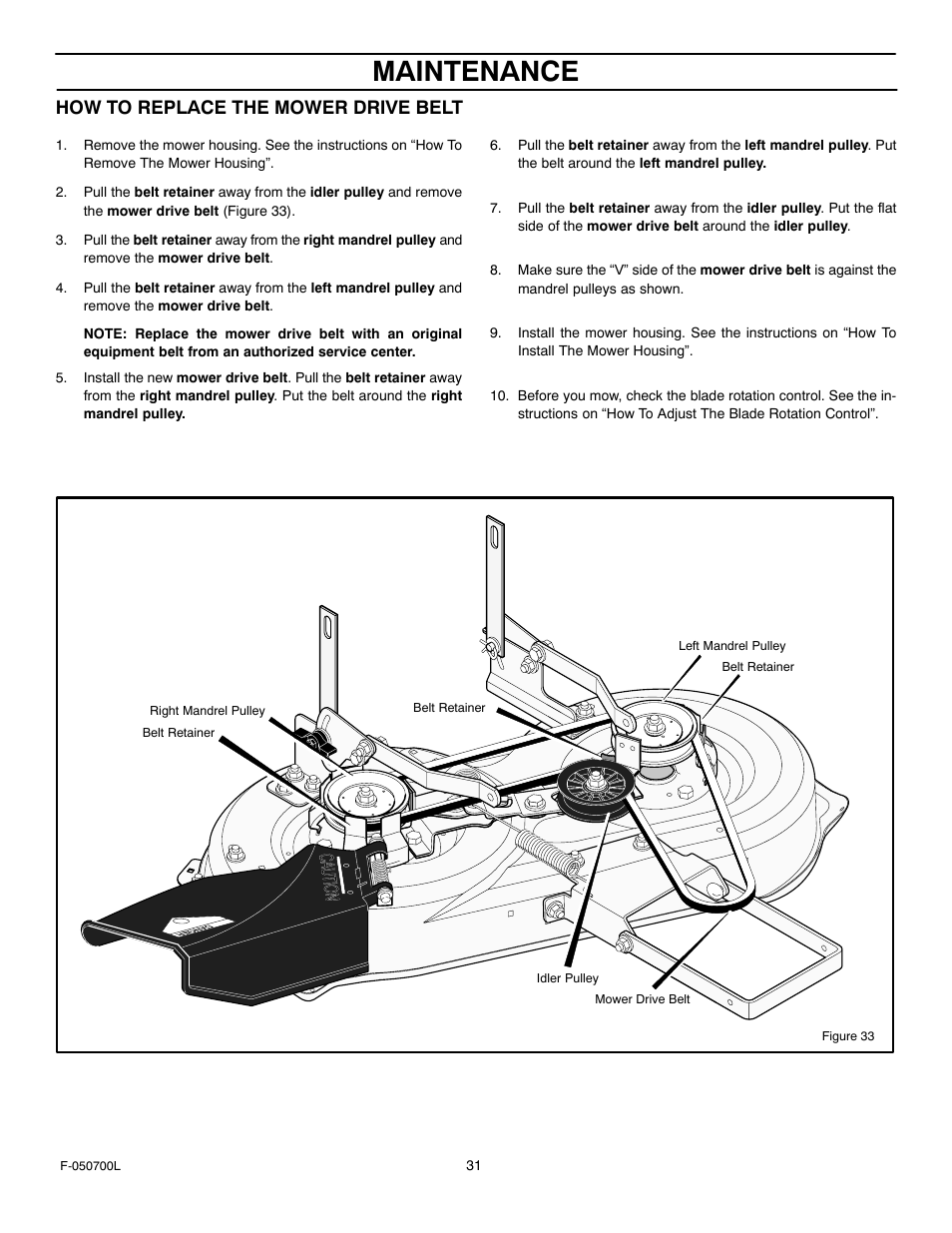 Maintenance, How to replace the mower drive belt | Murray 405000x8E User Manual | Page 31 / 52