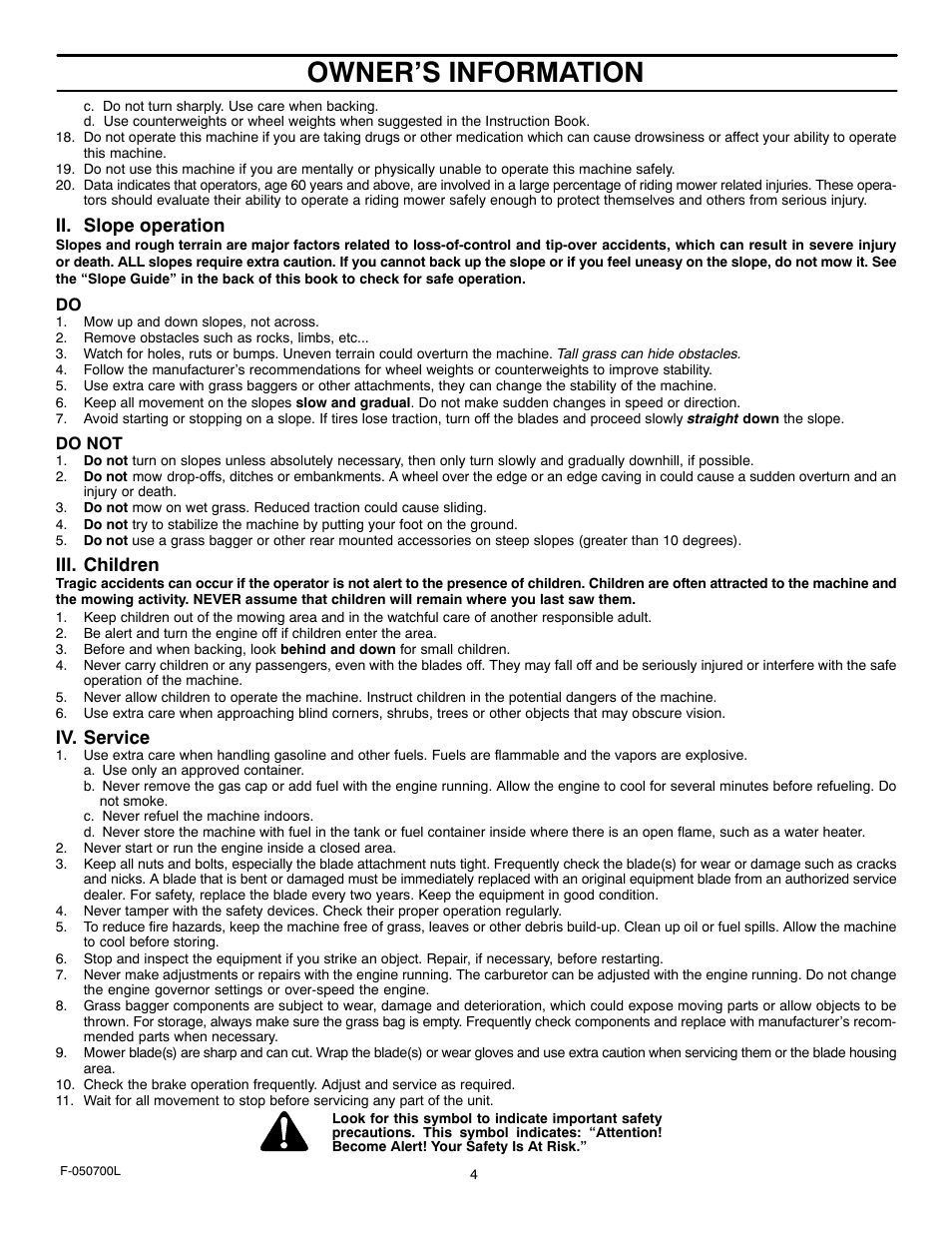 Owner’s information, Ii. slope operation, Iii. children | Iv. service | Murray 405000x8E User Manual | Page 4 / 52