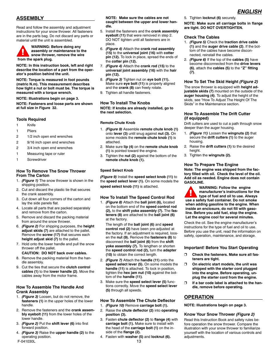 English, Assembly, Operation | Murray 629108x84B User Manual | Page 13 / 52