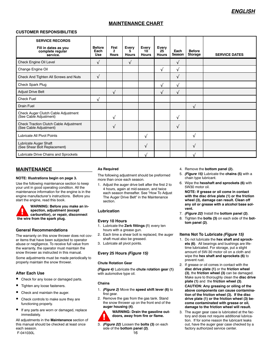 English, Maintenance chart, Maintenance | Murray 629108x84B User Manual | Page 16 / 52