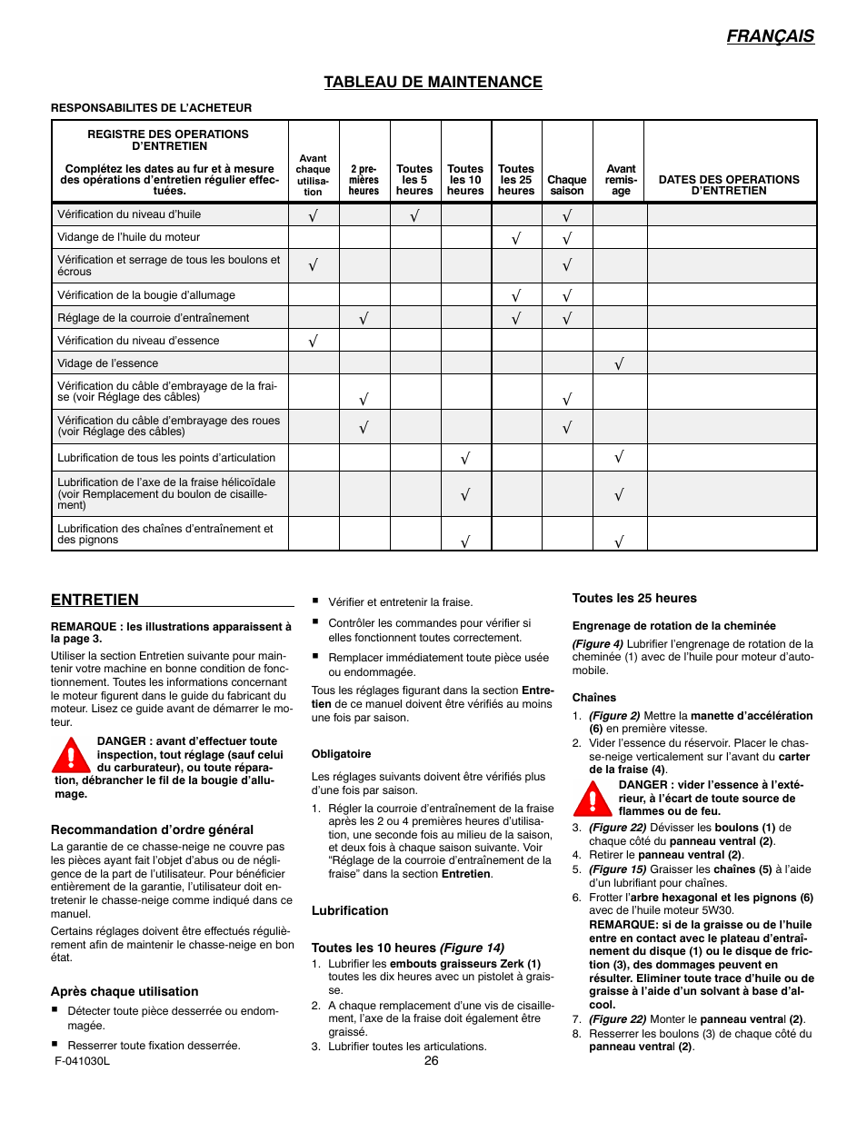 Français, Tableau de maintenance, Entretien | Murray 629108x84B User Manual | Page 26 / 52