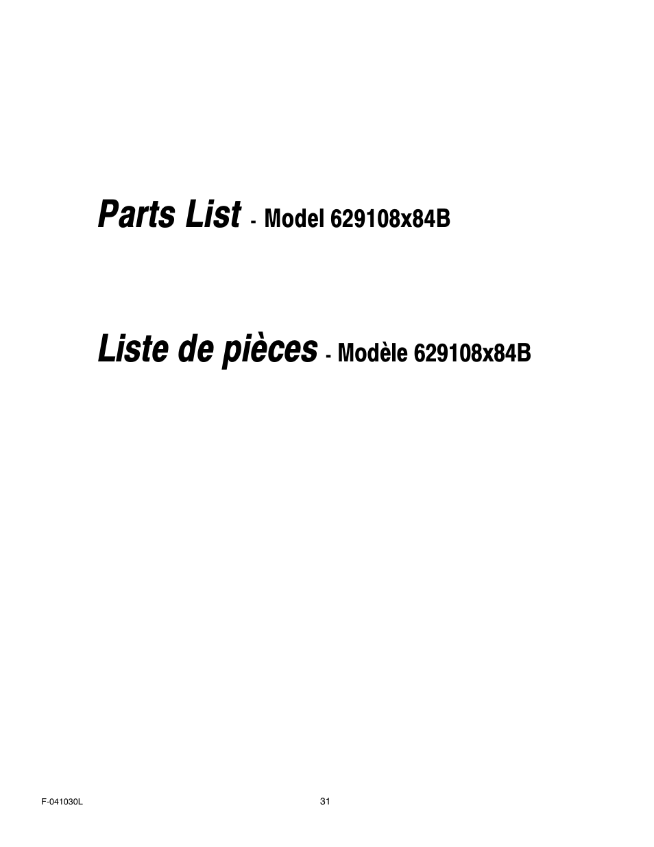Parts list, Liste de pièces | Murray 629108x84B User Manual | Page 31 / 52