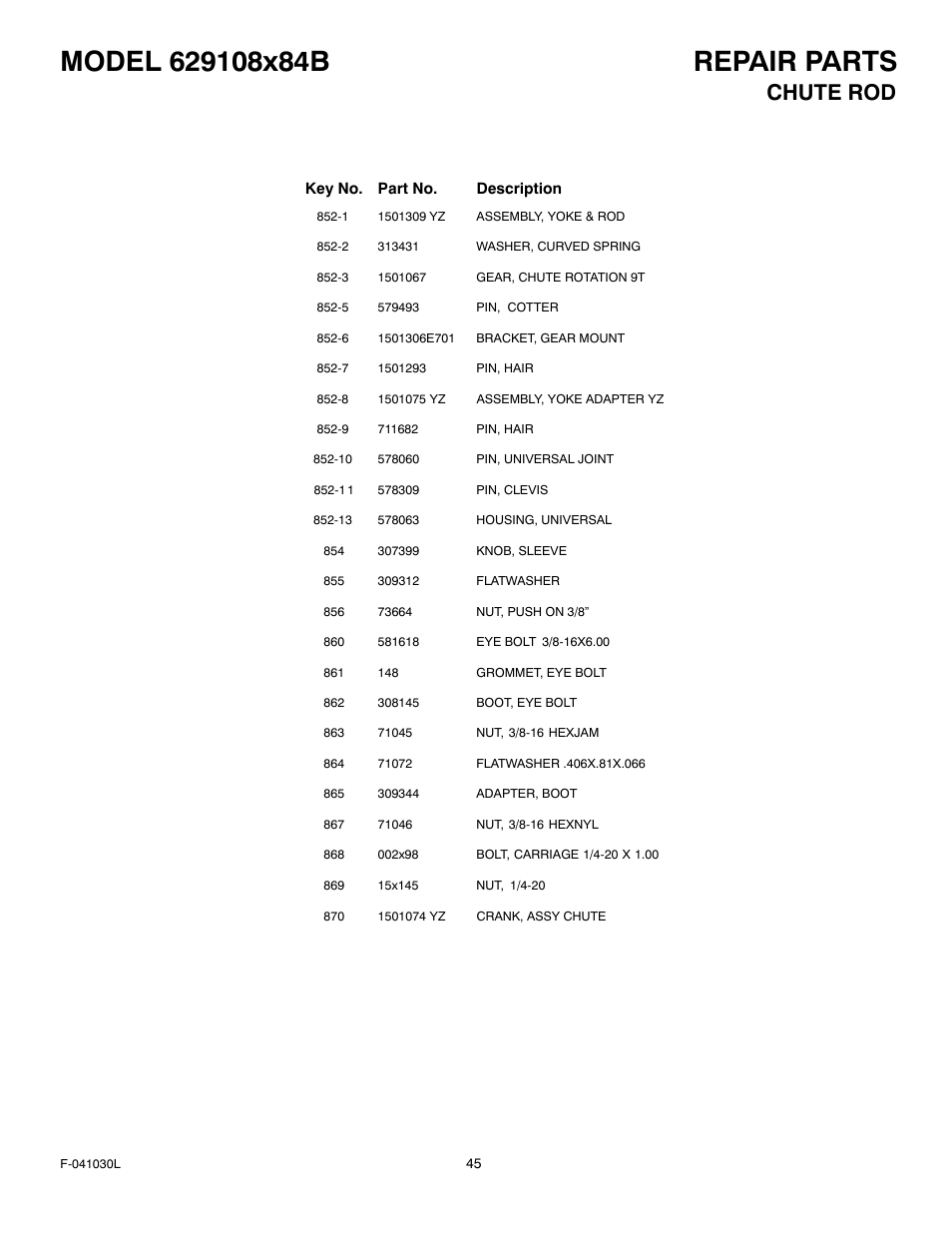 Chute rod | Murray 629108x84B User Manual | Page 45 / 52