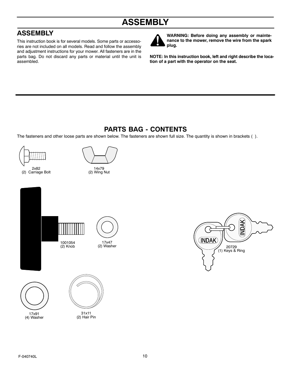 Assembly, Parts bag - contents | Murray 425620x92B User Manual | Page 10 / 52