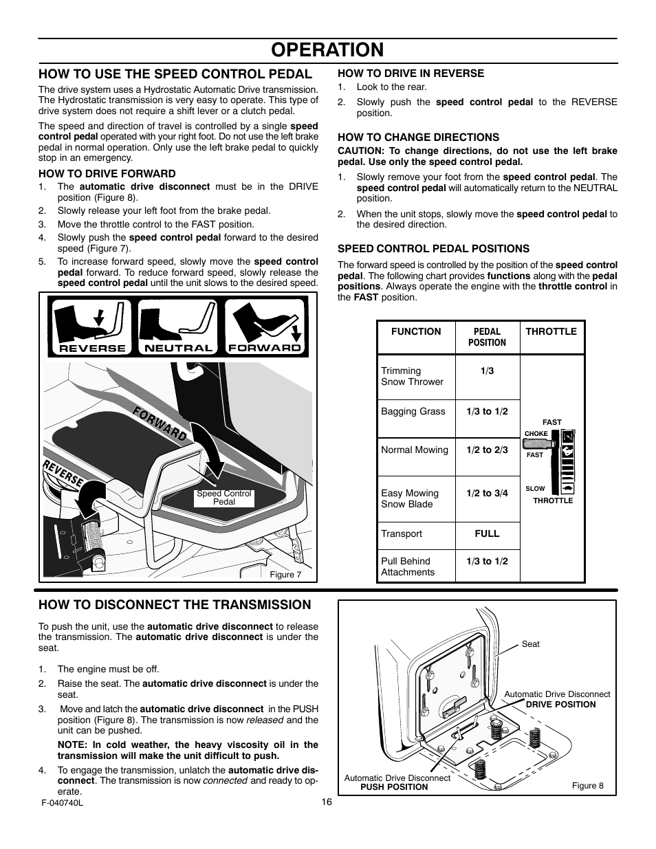 Operation, How to use the speed control pedal, How to disconnect the transmission | Murray 425620x92B User Manual | Page 16 / 52