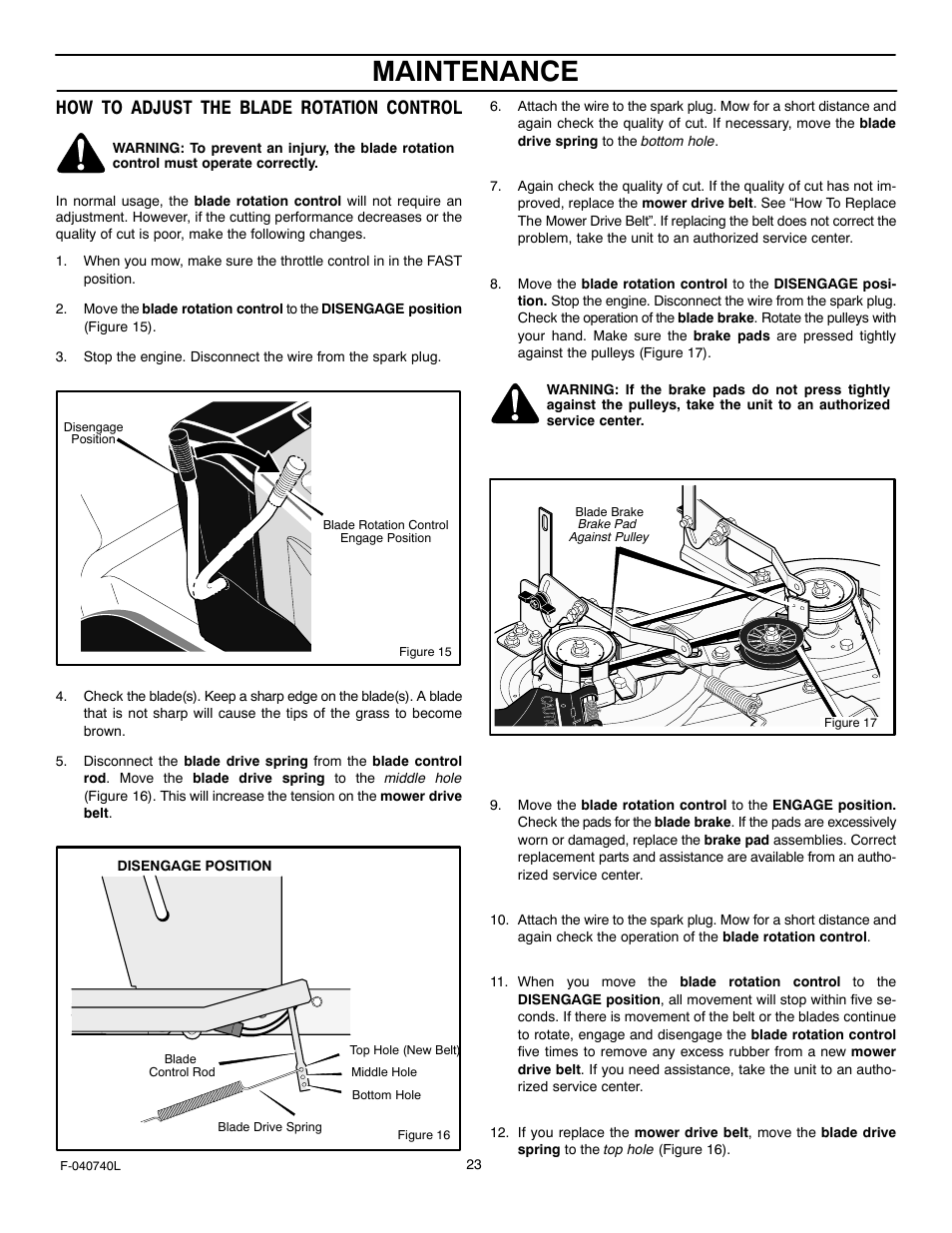 Maintenance, How to adjust the blade rotation control | Murray 425620x92B User Manual | Page 23 / 52