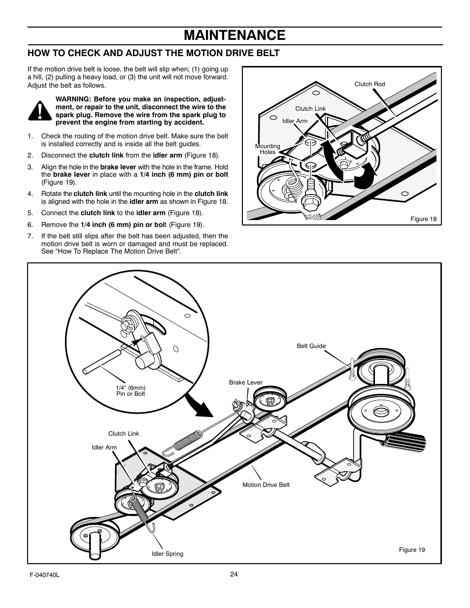 Maintenance, How to check and adjust the motion drive belt | Murray 425620x92B User Manual | Page 24 / 52
