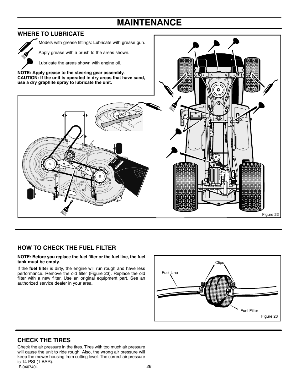 Maintenance, Where to lubricate, How to check the fuel filter | Check the tires | Murray 425620x92B User Manual | Page 26 / 52