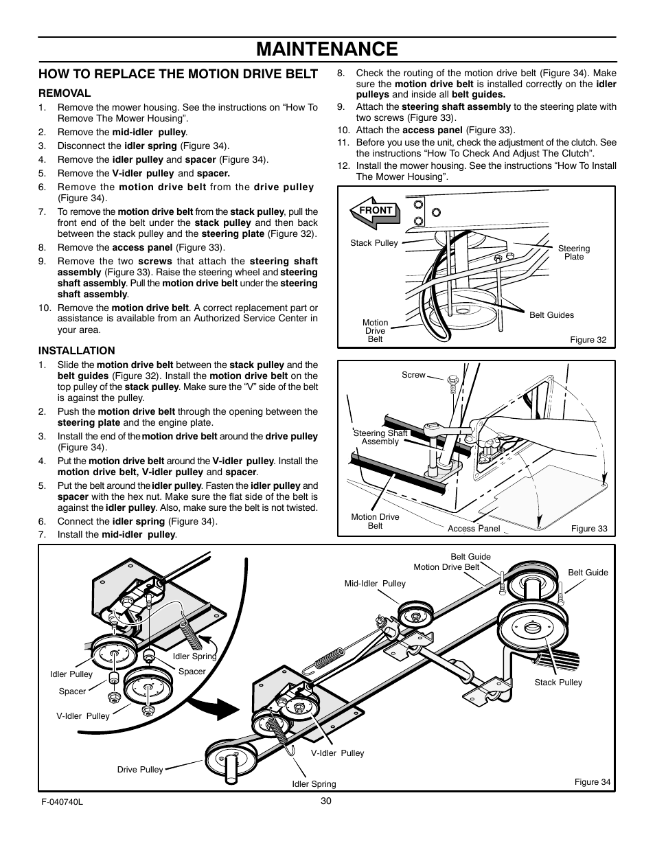Maintenance, How to replace the motion drive belt | Murray 425620x92B User Manual | Page 30 / 52