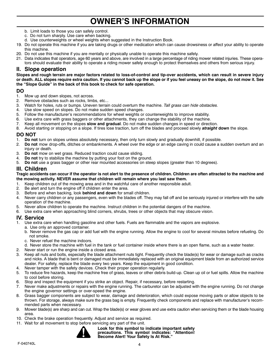 Owner’s information, Ii. slope operation, Iii. children | Iv. service | Murray 425620x92B User Manual | Page 4 / 52