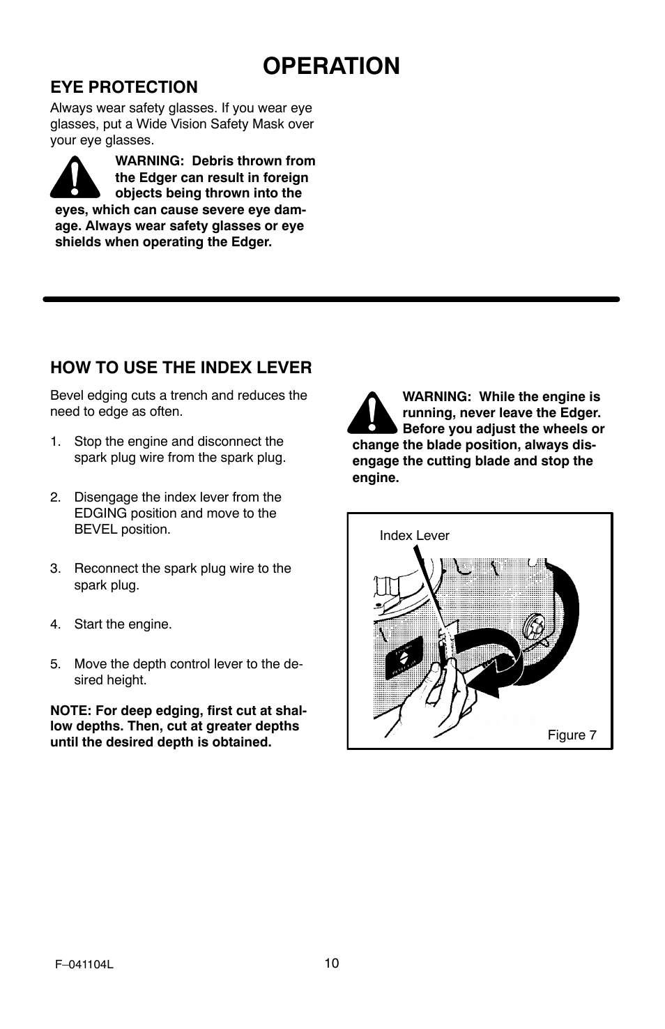 Operation, Eye protection, How to use the index lever | Murray EV3850x4B 3.8 User Manual | Page 10 / 24