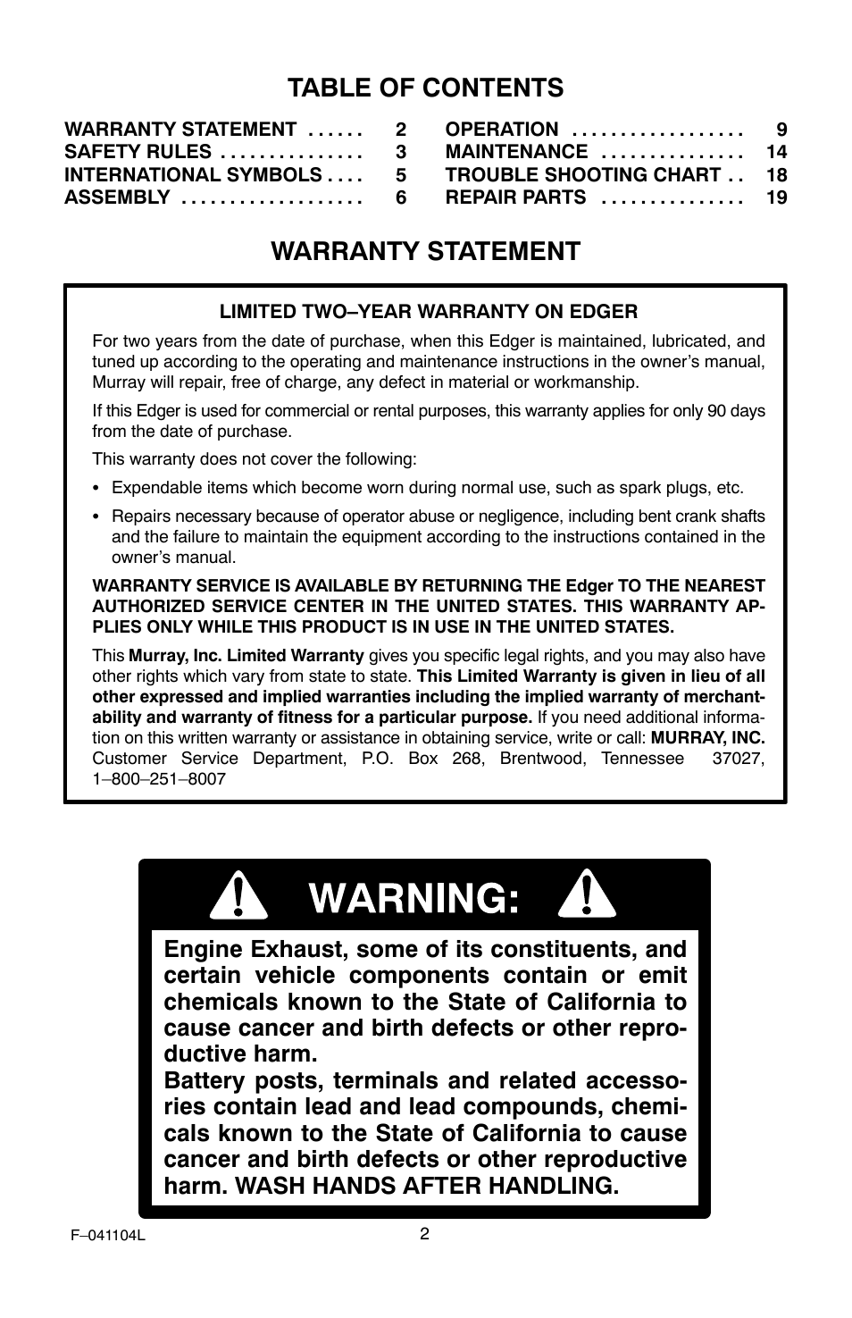 Murray EV3850x4B 3.8 User Manual | Page 2 / 24