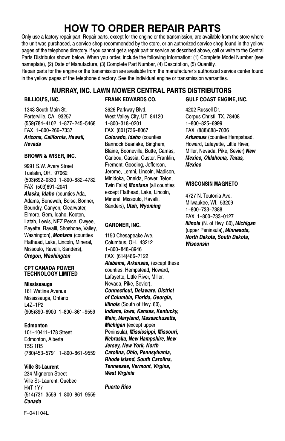 How to order repair parts, Murray, inc. lawn mower central parts distributors | Murray EV3850x4B 3.8 User Manual | Page 24 / 24