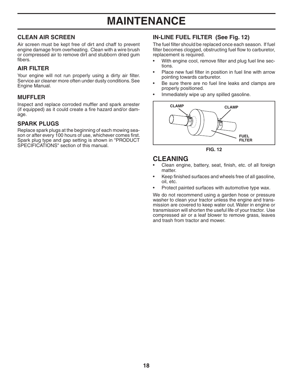 Maintenance, Cleaning | Murray MB1842LT User Manual | Page 18 / 28