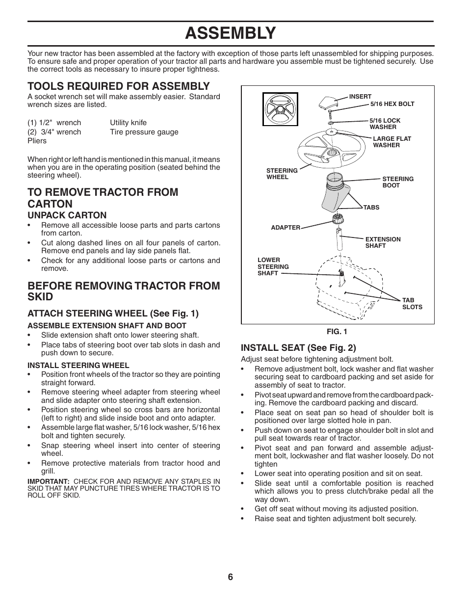 Assembly, Tools required for assembly, Before removing tractor from skid | Murray MB1842LT User Manual | Page 6 / 28