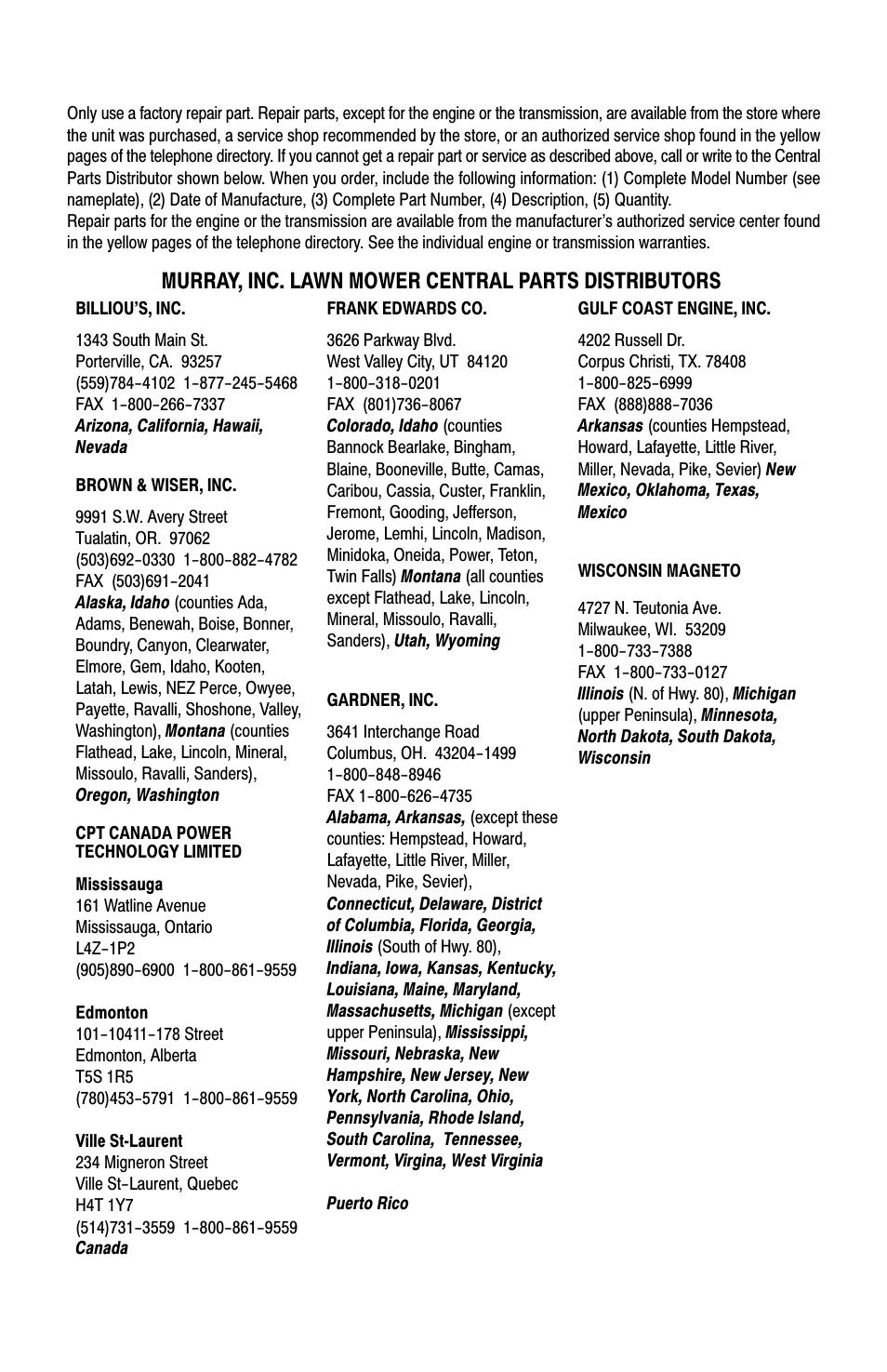 How to order repair parts, Murray, inc. lawn mower central parts distributors | Murray 22" Push User Manual | Page 36 / 36