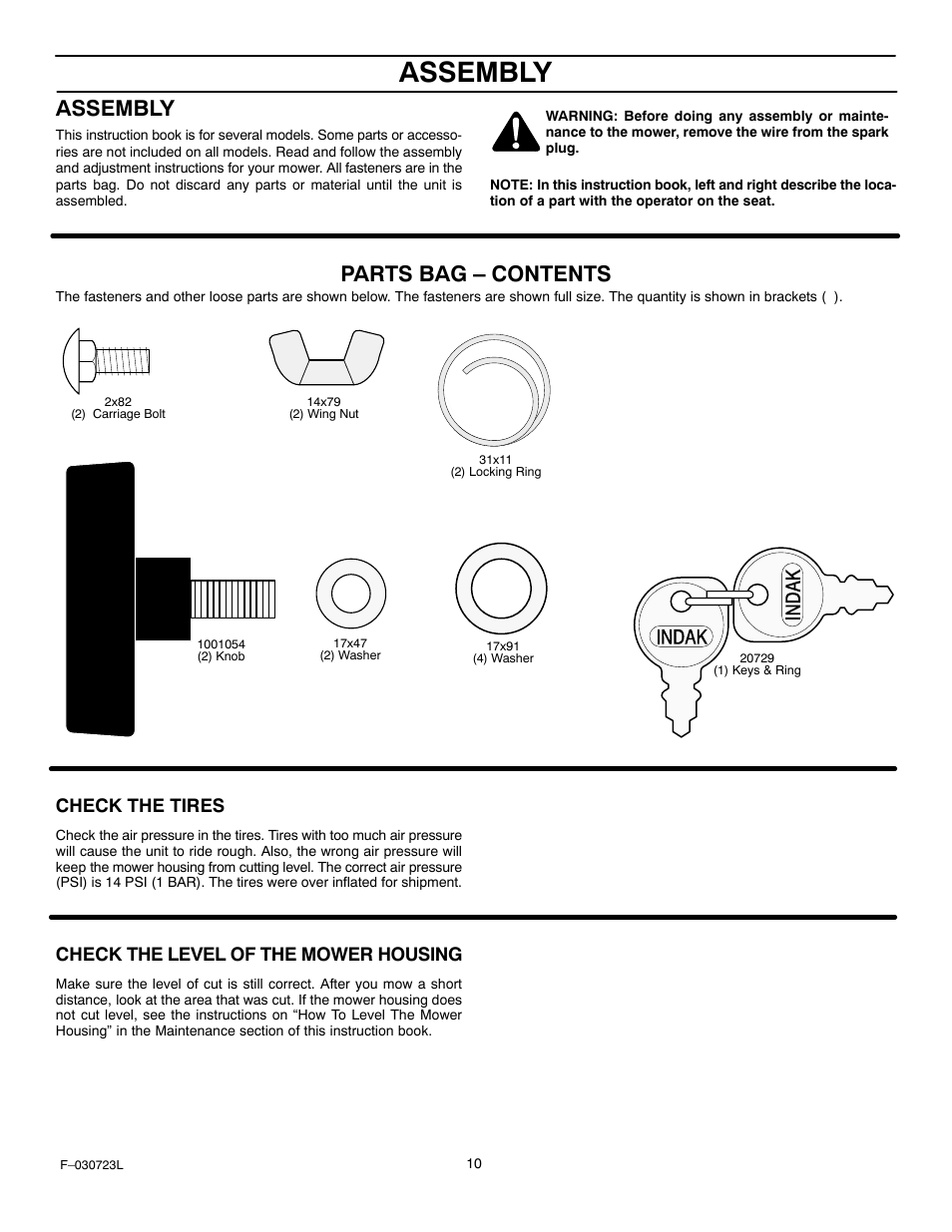 Assembly, Parts bag – contents, Check the tires | Check the level of the mower housing | Murray 425007x92C User Manual | Page 10 / 52