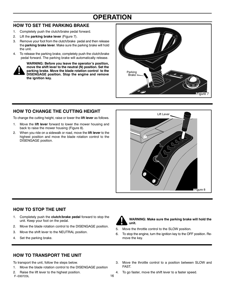 Operation, How to set the parking brake, How to change the cutting height | How to stop the unit, How to transport the unit | Murray 425007x92C User Manual | Page 16 / 52
