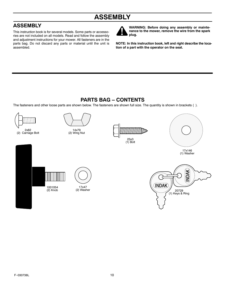 Assembly, Parts bag – contents | Murray 425603x99A User Manual | Page 10 / 52