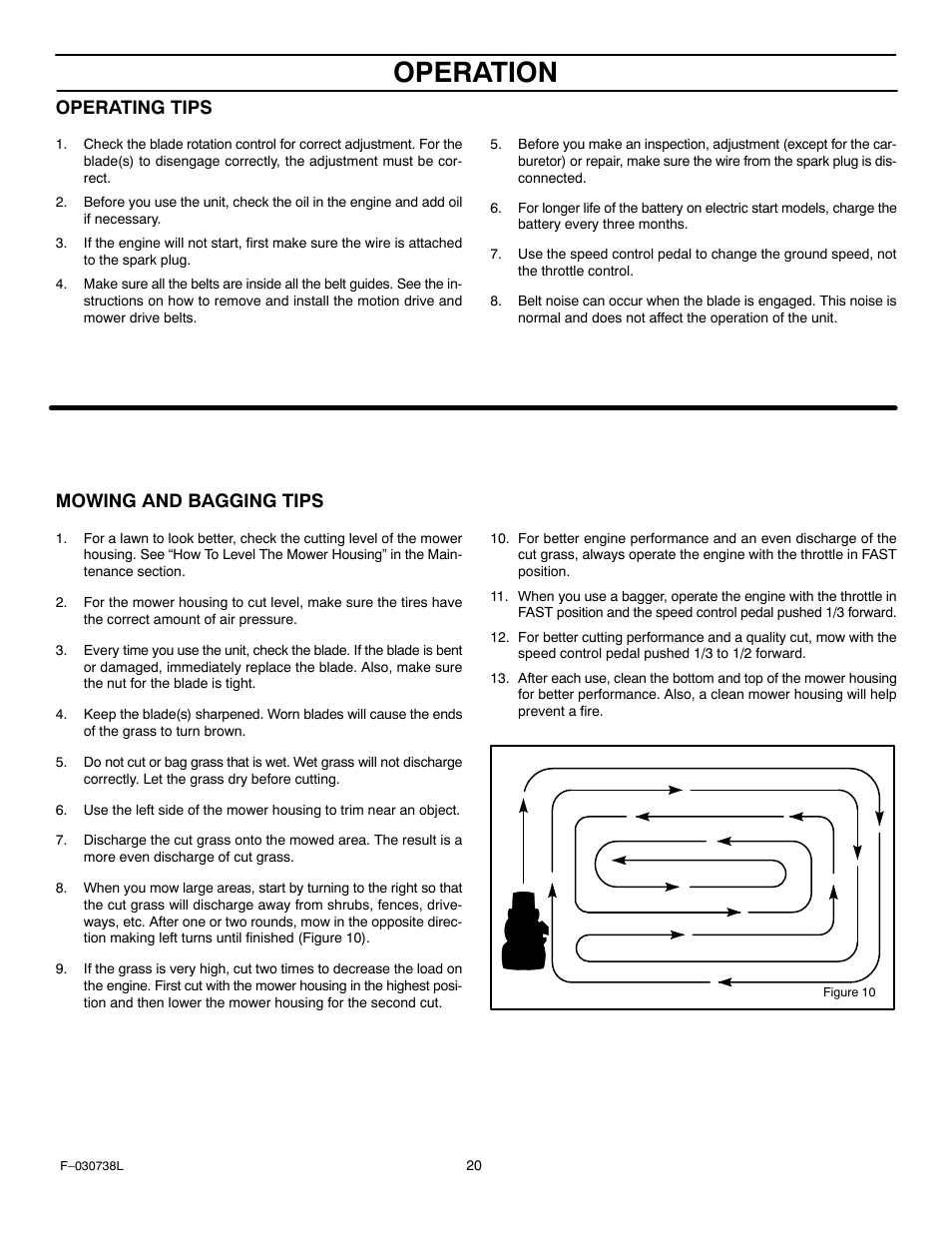 Operation, Operating tips, Mowing and bagging tips | Murray 425603x99A User Manual | Page 20 / 52