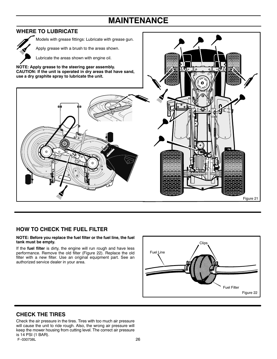 Maintenance, Where to lubricate, How to check the fuel filter | Check the tires | Murray 425603x99A User Manual | Page 26 / 52