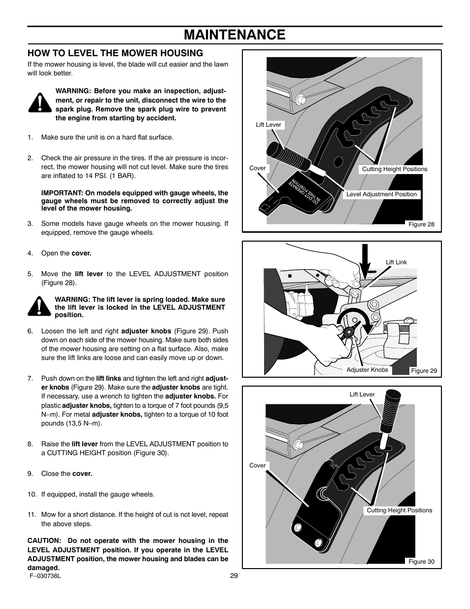 Maintenance, How to level the mower housing | Murray 425603x99A User Manual | Page 29 / 52