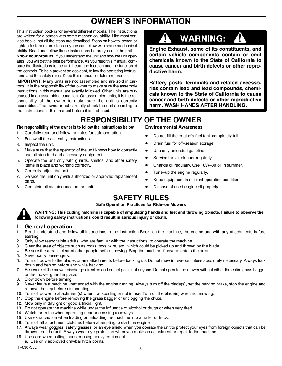 Owner’s information, Responsibility of the owner, Safety rules | Murray 425603x99A User Manual | Page 3 / 52