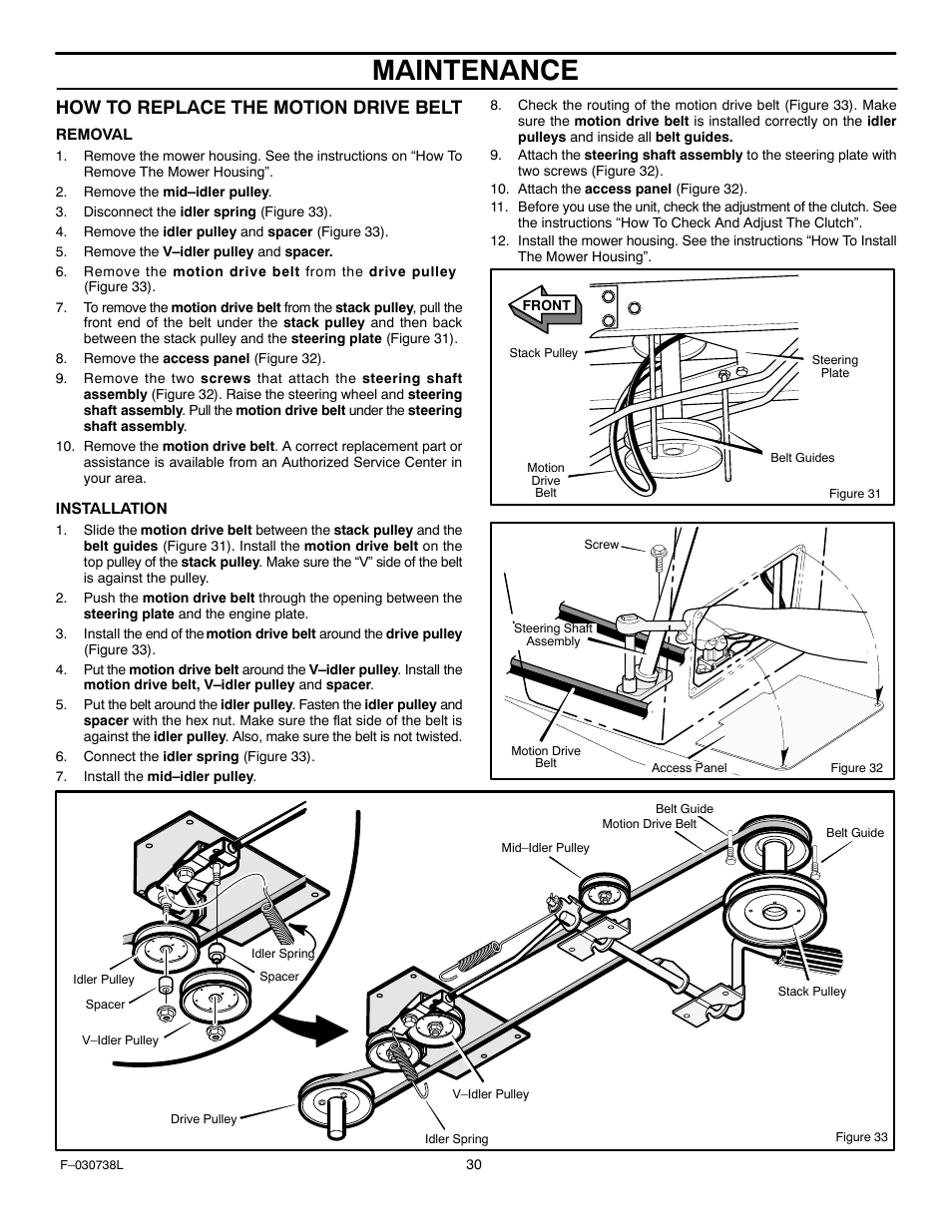 Maintenance, How to replace the motion drive belt | Murray 425603x99A User Manual | Page 30 / 52