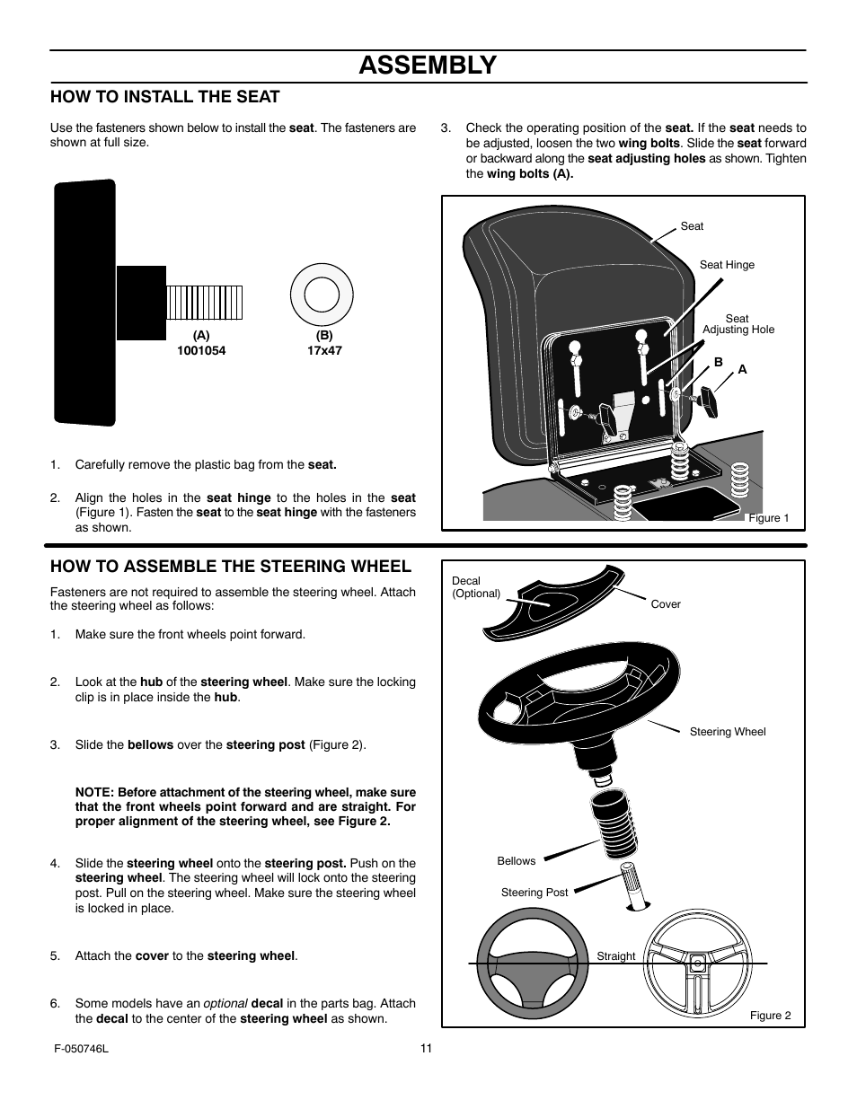 Assembly, How to install the seat, How to assemble the steering wheel | Murray 425016x48A User Manual | Page 11 / 56