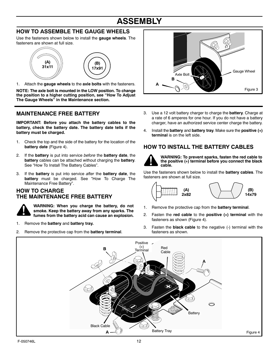 Assembly, How to assemble the gauge wheels, Maintenance free battery | How to charge the maintenance free battery, How to install the battery cables | Murray 425016x48A User Manual | Page 12 / 56