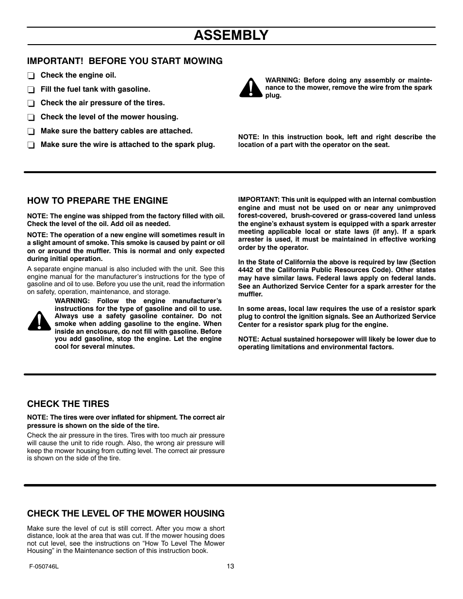 Assembly, Important! before you start mowing, How to prepare the engine | Check the tires, Check the level of the mower housing | Murray 425016x48A User Manual | Page 13 / 56