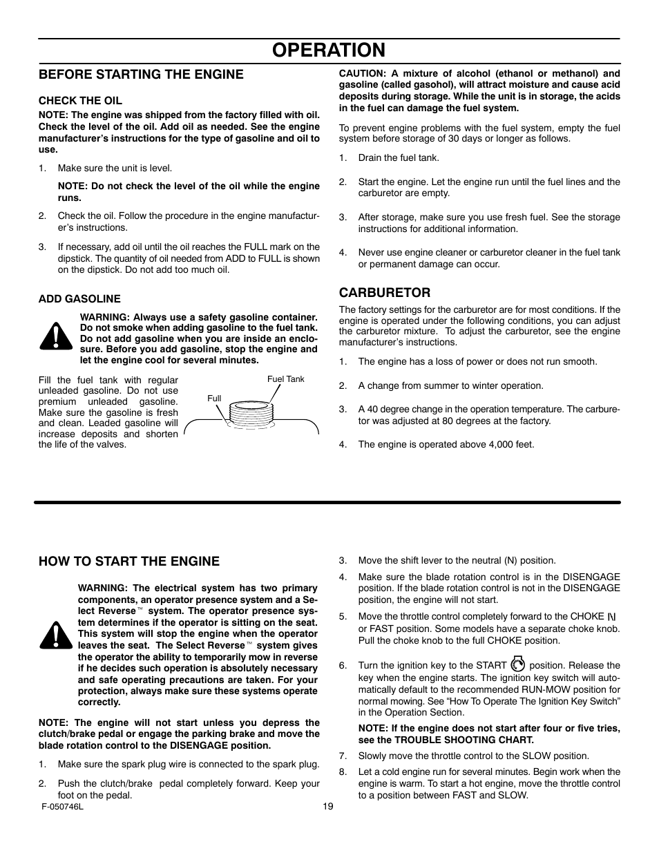 Operation, Before starting the engine, Carburetor | How to start the engine | Murray 425016x48A User Manual | Page 19 / 56