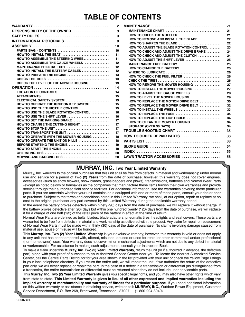 Murray 425016x48A User Manual | Page 2 / 56