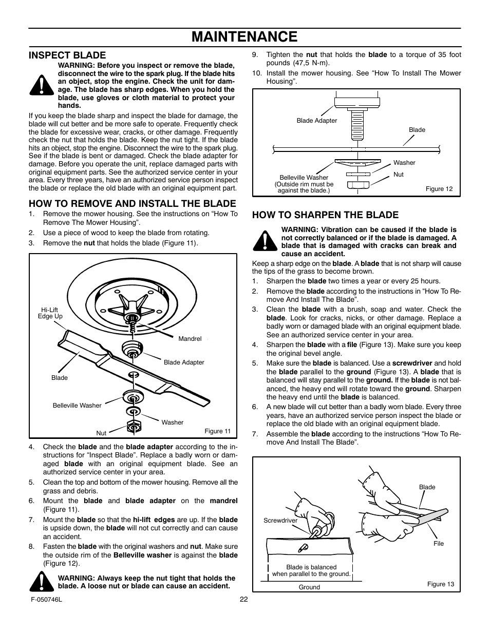 Maintenance, Inspect blade, How to remove and install the blade | How to sharpen the blade | Murray 425016x48A User Manual | Page 22 / 56