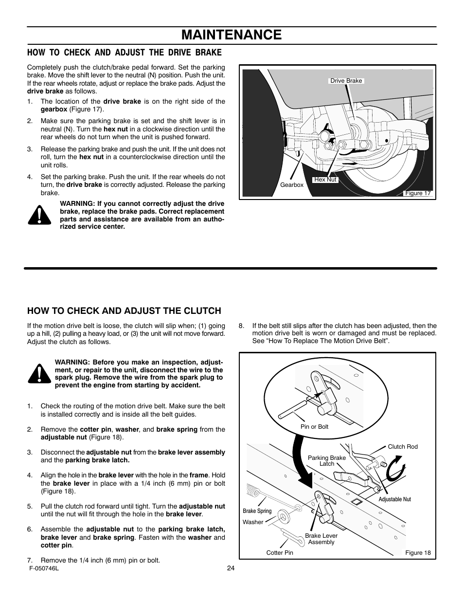 Maintenance, How to check and adjust the drive brake, How to check and adjust the clutch | Murray 425016x48A User Manual | Page 24 / 56