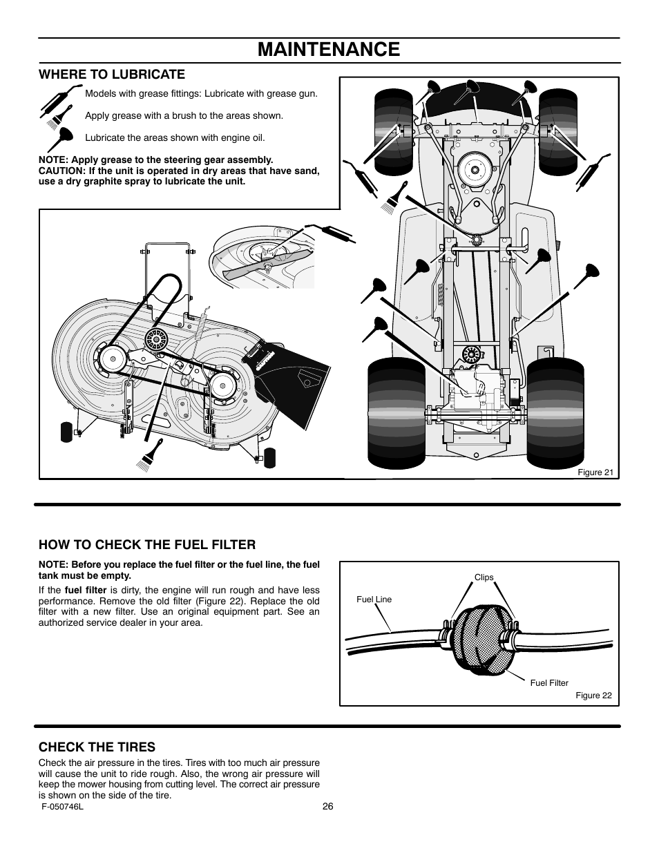 Maintenance, Where to lubricate, How to check the fuel filter | Check the tires | Murray 425016x48A User Manual | Page 26 / 56