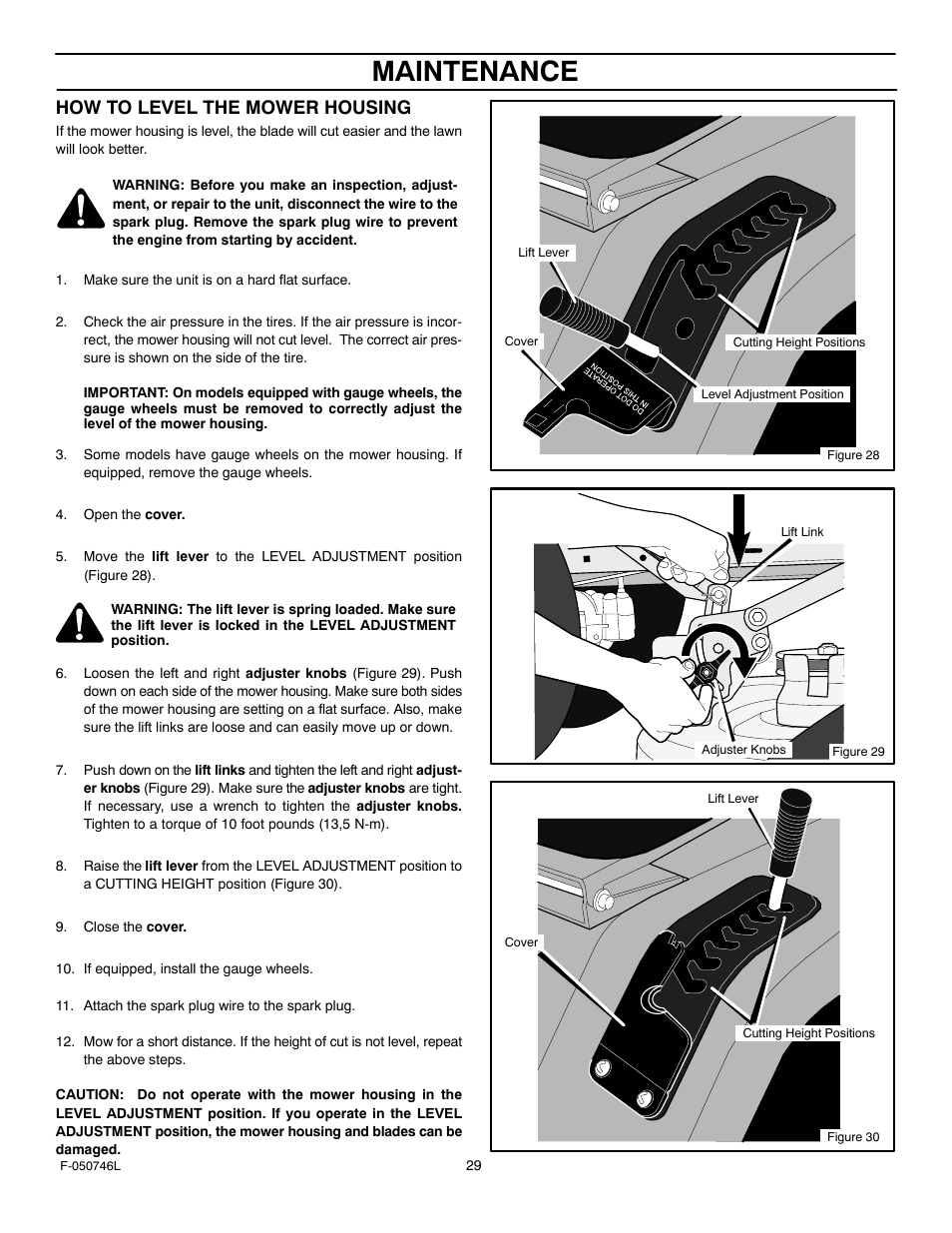 Maintenance, How to level the mower housing | Murray 425016x48A User Manual | Page 29 / 56