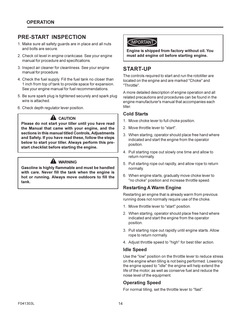 Start-up, Pre-start inspection | Murray FT6000X92A User Manual | Page 14 / 28
