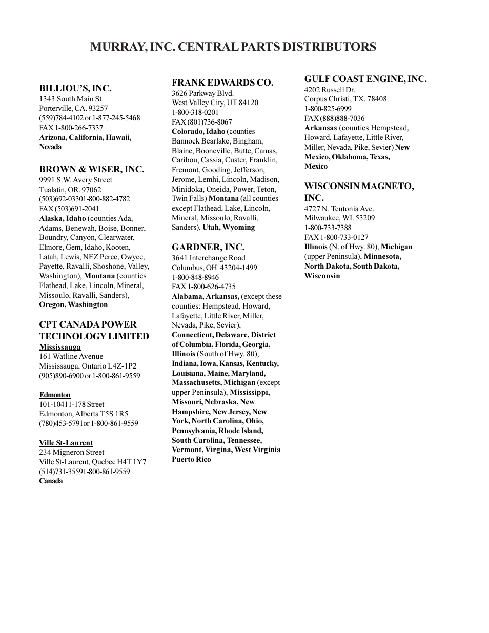 Murray, inc. central parts distributors | Murray FT6000X92A User Manual | Page 28 / 28