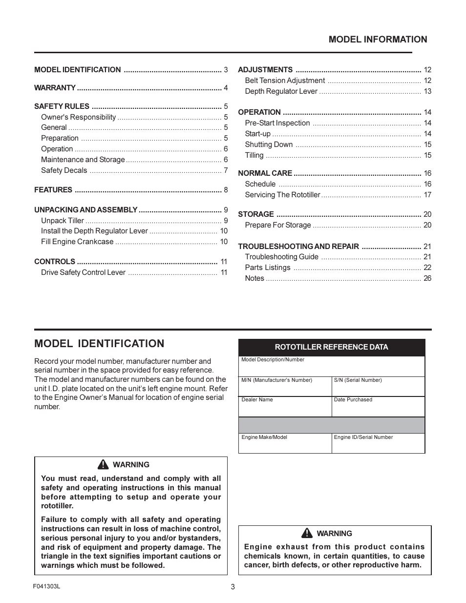 Model identification, Model information | Murray FT6000X92A User Manual | Page 3 / 28
