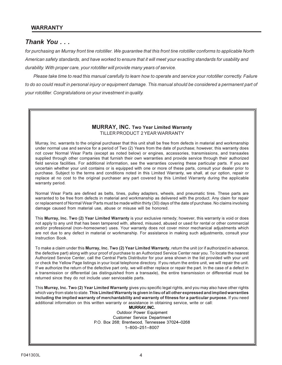Warranty, Murray, inc | Murray FT6000X92A User Manual | Page 4 / 28