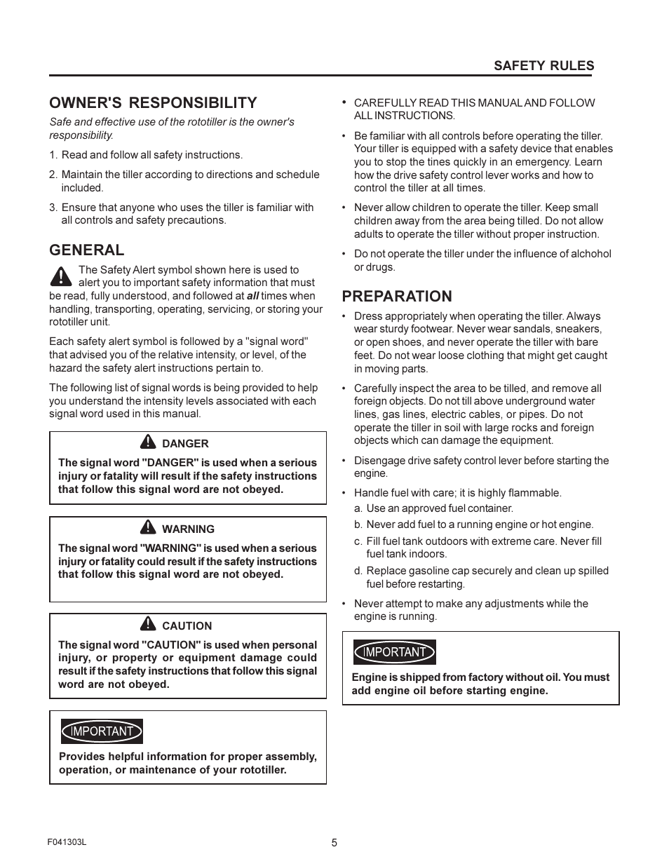 Owner's responsibility, General, Preparation | Murray FT6000X92A User Manual | Page 5 / 28