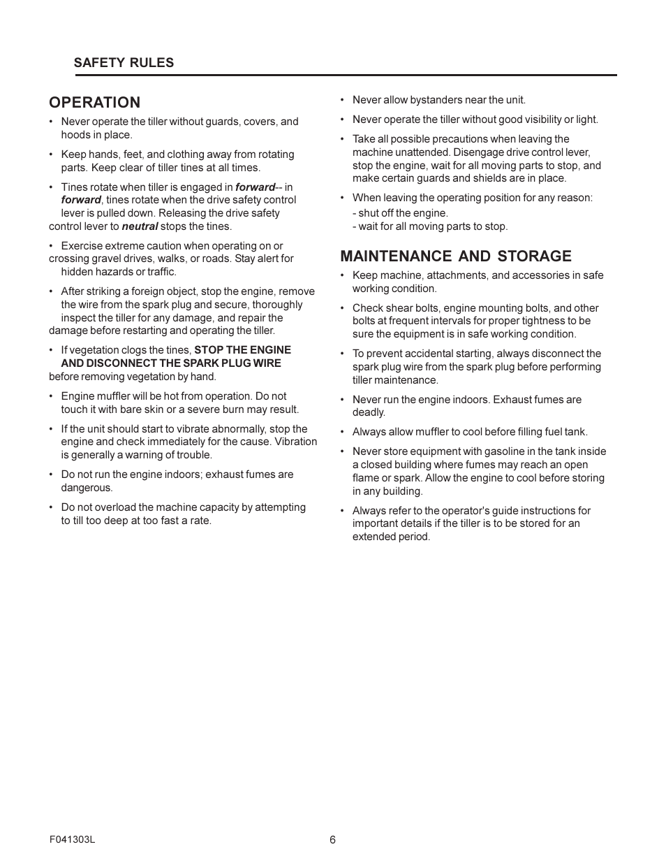 Operation, Maintenance and storage | Murray FT6000X92A User Manual | Page 6 / 28