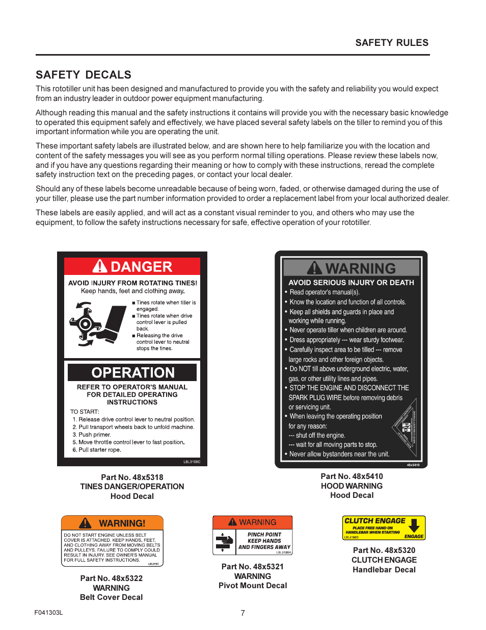 Safety decals | Murray FT6000X92A User Manual | Page 7 / 28