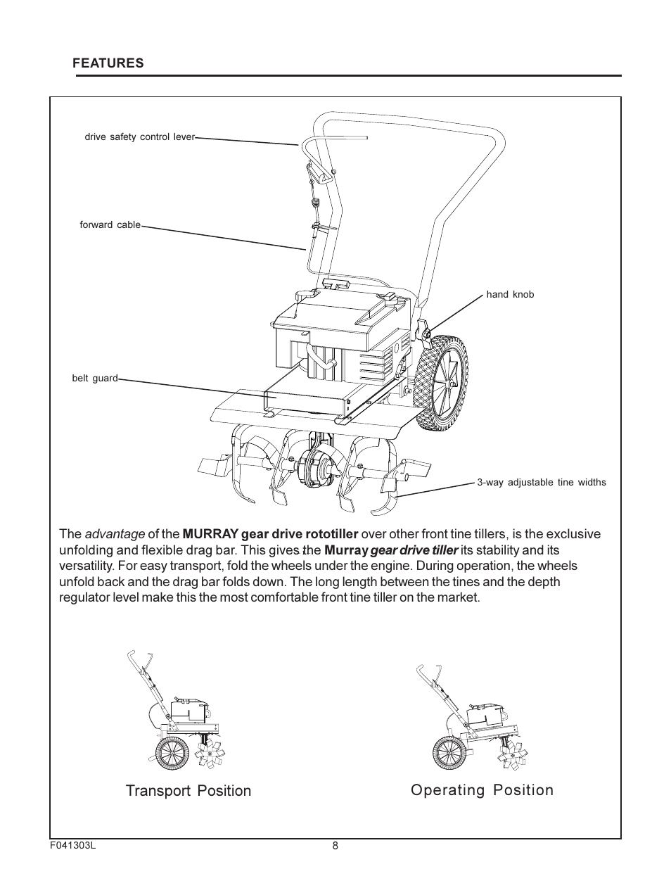 Transport position operating position | Murray FT6000X92A User Manual | Page 8 / 28