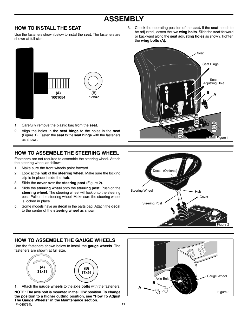 Assembly, How to install the seat, How to assemble the steering wheel | How to assemble the gauge wheels | Murray 425015x92A User Manual | Page 11 / 52